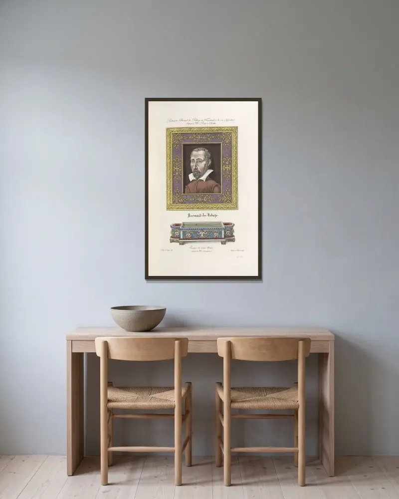 Porträtt av Bernard de Palissy och faksimil av hans signatur. Mr. Prevots kabinett i Brelles. Samma upphovsmans skrivdon. av Nicolas Xavier Willemin inramad på en vägg