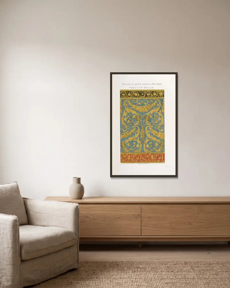 Tapisserie en cuir doré exécutée au XVI siècle. Cabinet de Mr. Demonville av Nicolas Xavier Willemin inramad på en vägg