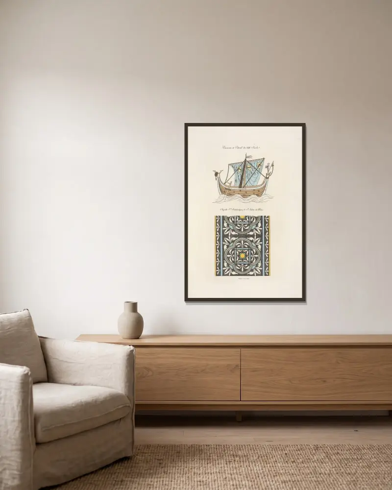 Schiff und Glasfenster aus dem 13. Jahrhundert von Nicolas Xavier Willemin gerahmt an einer Wand