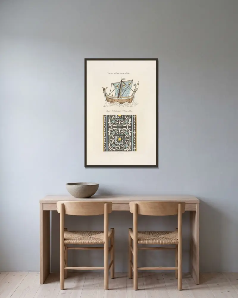 Schiff und Glasfenster aus dem 13. Jahrhundert von Nicolas Xavier Willemin gerahmt an einer Wand