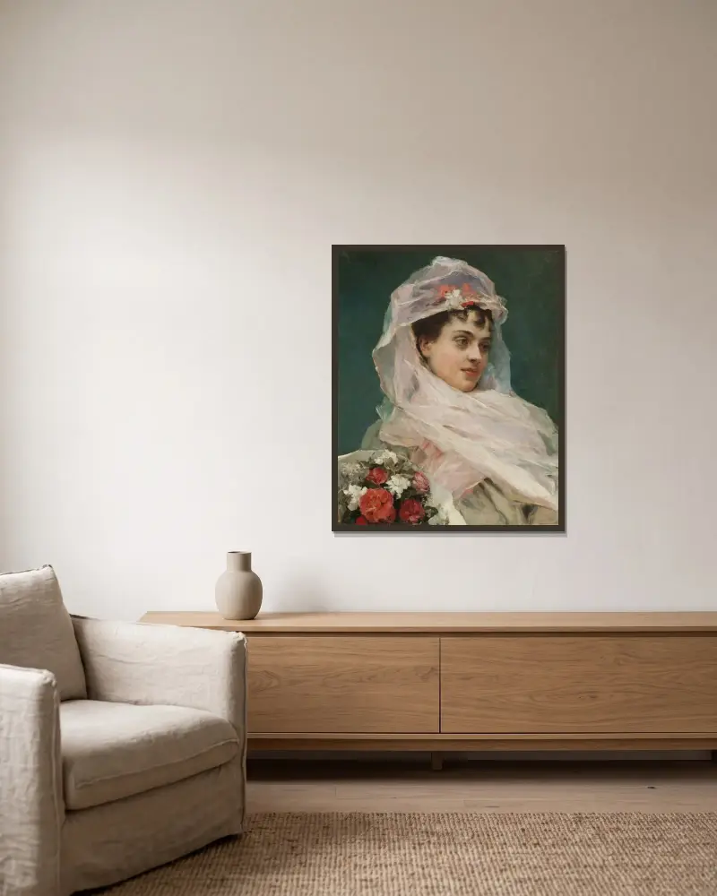 Aline Masson med gasbindande huvudbonad av Raimundo de Madrazo y Garreta inramad på en vägg
