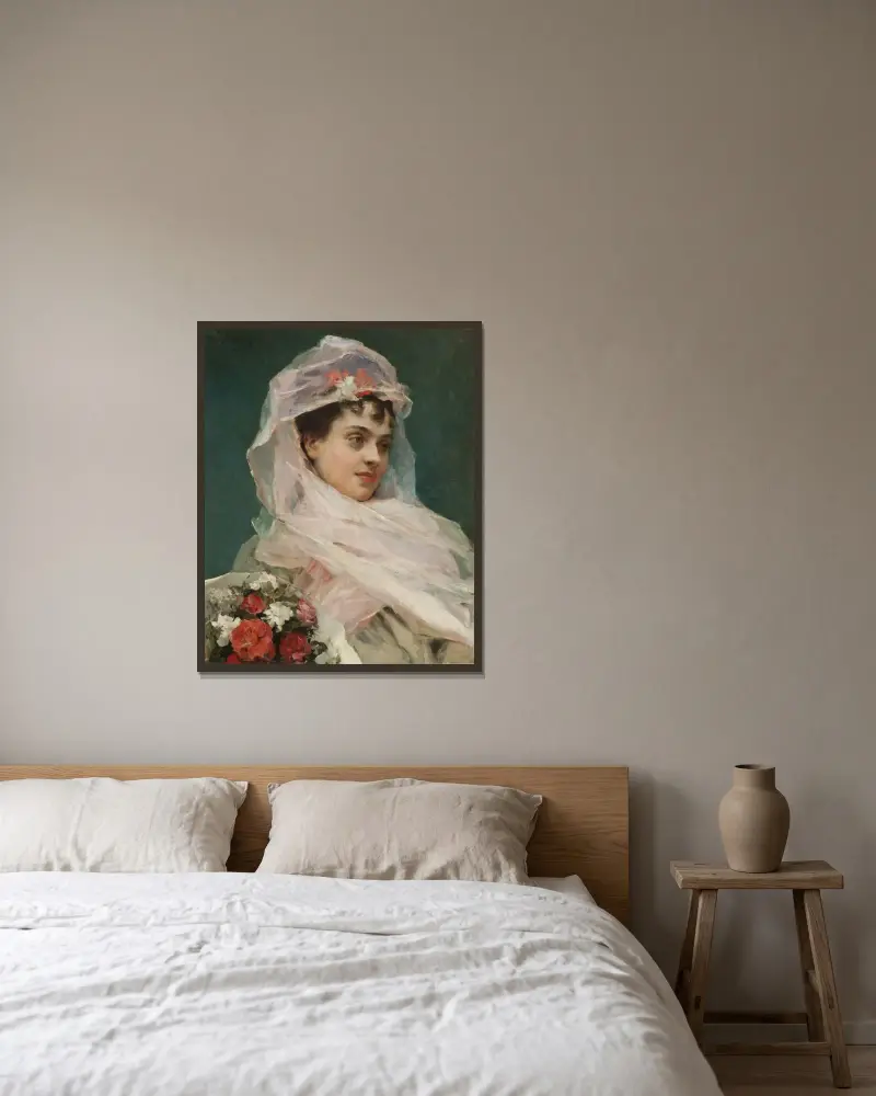 Aline Masson med gasbindande huvudbonad av Raimundo de Madrazo y Garreta inramad på en vägg