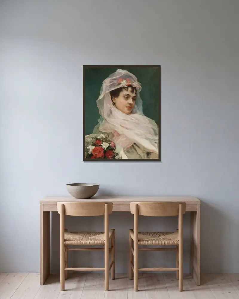 Aline Masson med gasbindande huvudbonad av Raimundo de Madrazo y Garreta inramad på en vägg