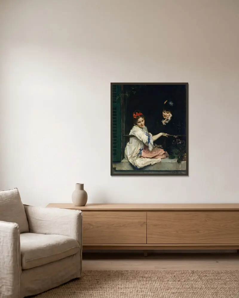 Flickor vid ett fönster av Raimundo de Madrazo y Garreta inramad på en vägg