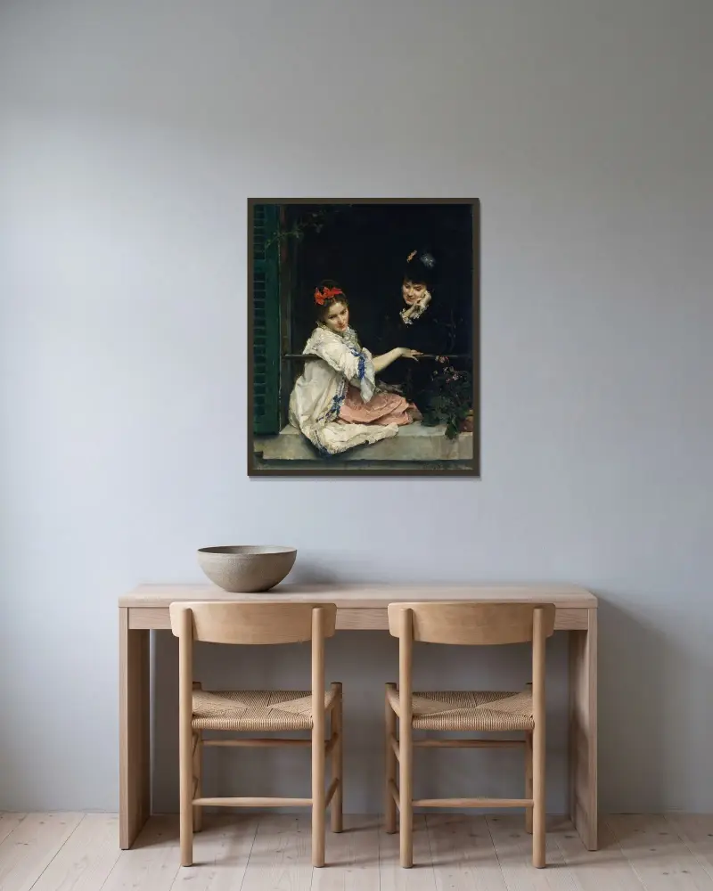 Flickor vid ett fönster av Raimundo de Madrazo y Garreta inramad på en vägg