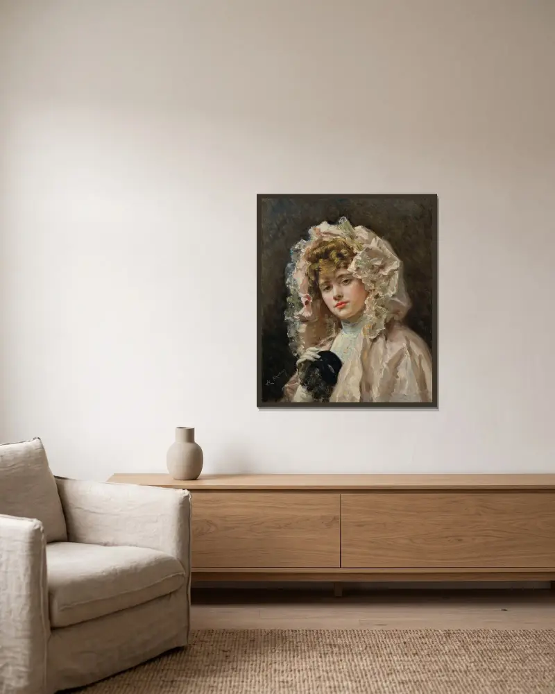 Ung flicka med varg av Raimundo de Madrazo y Garreta inramad på en vägg
