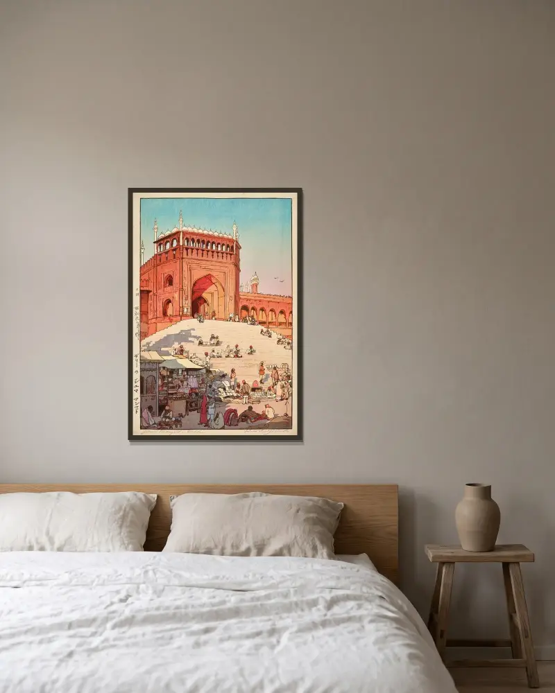 Derii no Juma Mashiddo (Jama Masjid, Delhi) av Yoshida Hiroshi inramad på en vägg