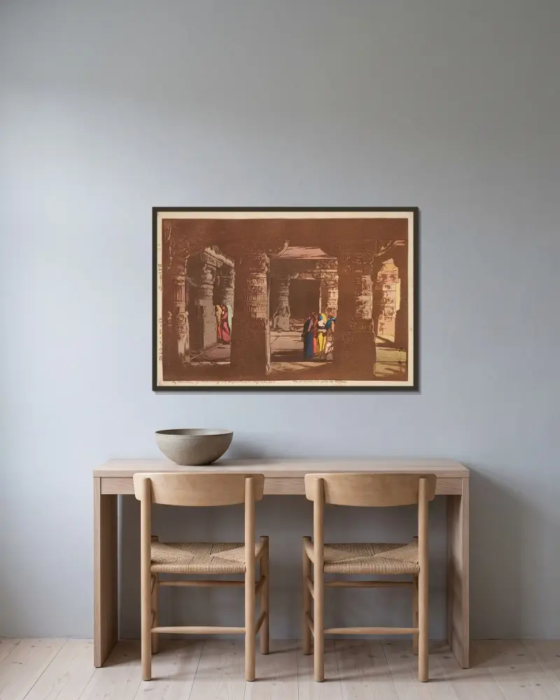 Ellora, Höhlentempel Nr. 3 von Yoshida Hiroshi gerahmt an einer Wand