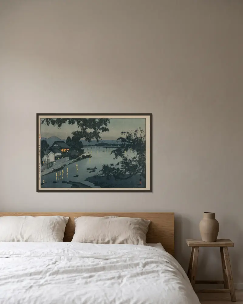 Abend am Chikugo-Fluss von Yoshida Hiroshi gerahmt an einer Wand