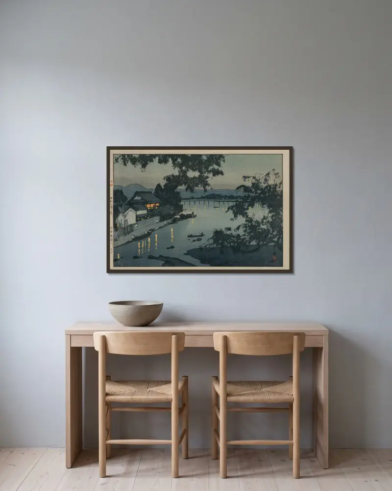 Abend am Chikugo-Fluss von Yoshida Hiroshi gerahmt an einer Wand