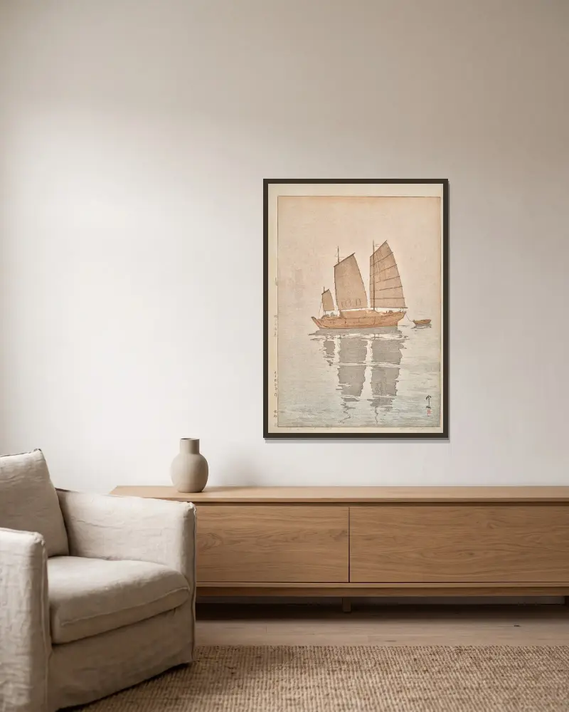 Segelboote im Nebel von Yoshida Hiroshi gerahmt an einer Wand
