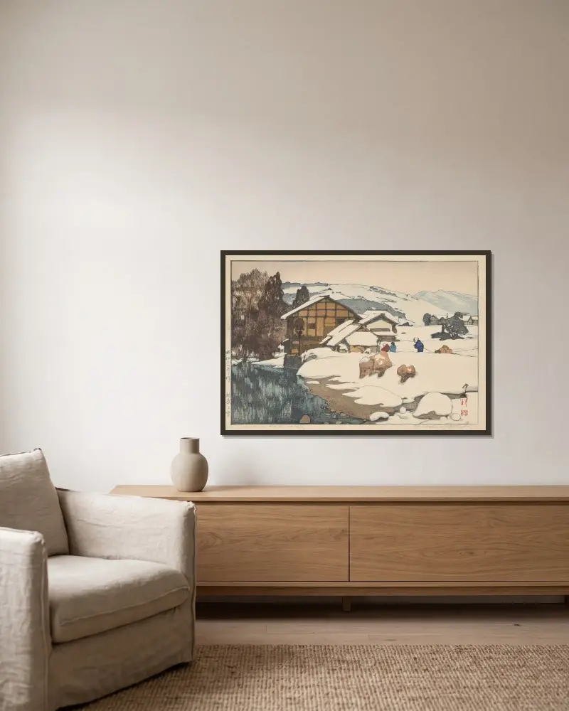 Kashiwabara no yuki (Snow at Kashiwabara) av Yoshida Hiroshi inramad på en vägg