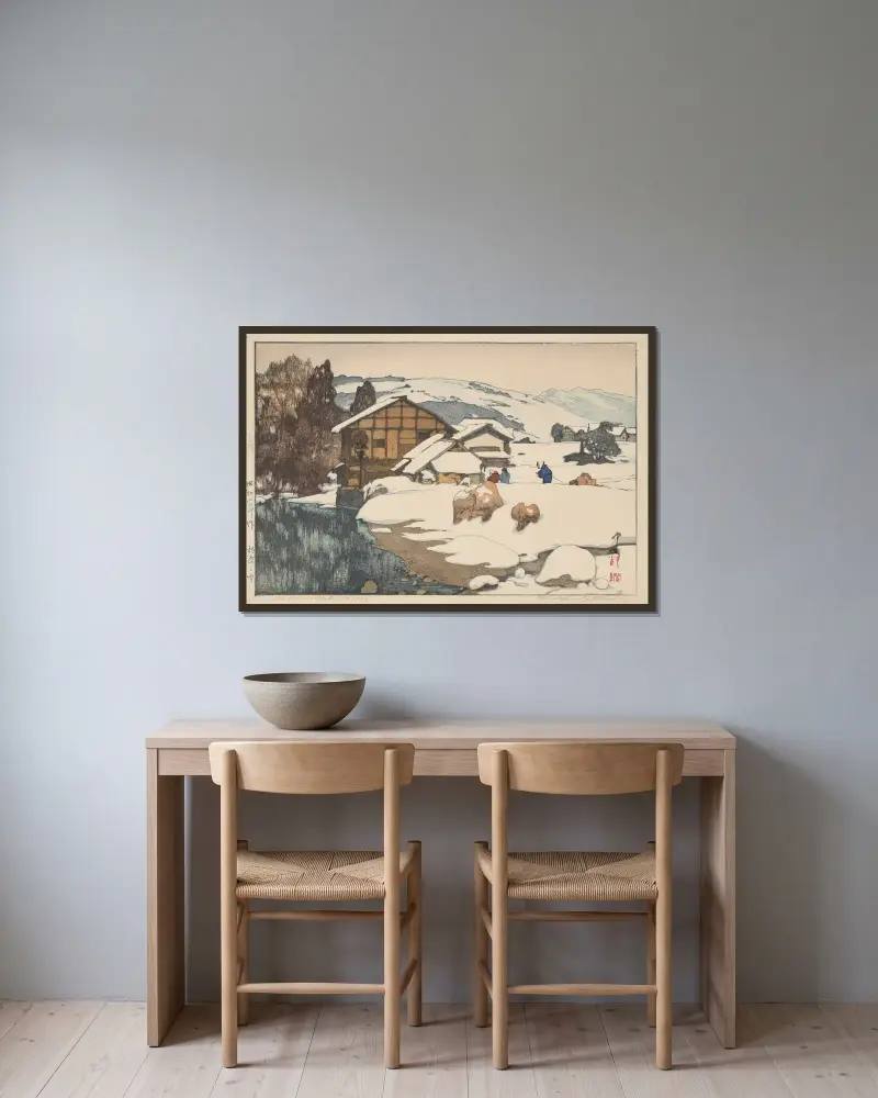 Kashiwabara no yuki (Snow at Kashiwabara) av Yoshida Hiroshi inramad på en vägg