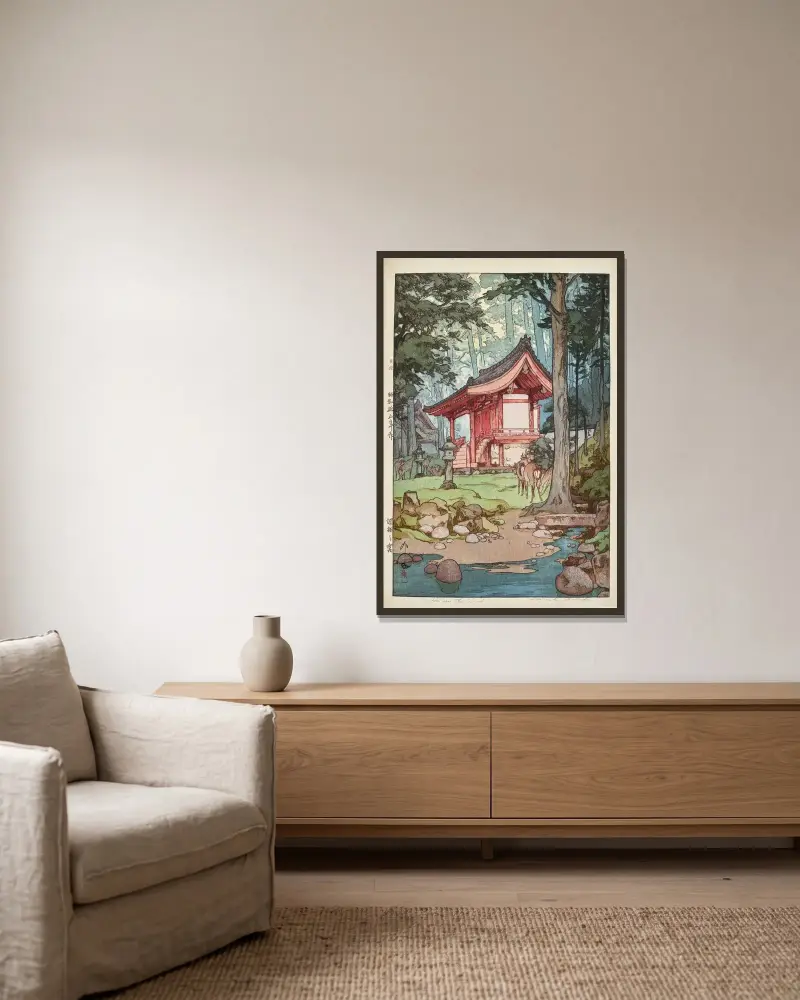 Shinrin no miya (Ein Schrein im tiefen Wald) von Yoshida Hiroshi gerahmt an einer Wand