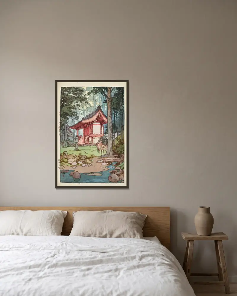 Shinrin no miya (Ein Schrein im tiefen Wald) von Yoshida Hiroshi gerahmt an einer Wand