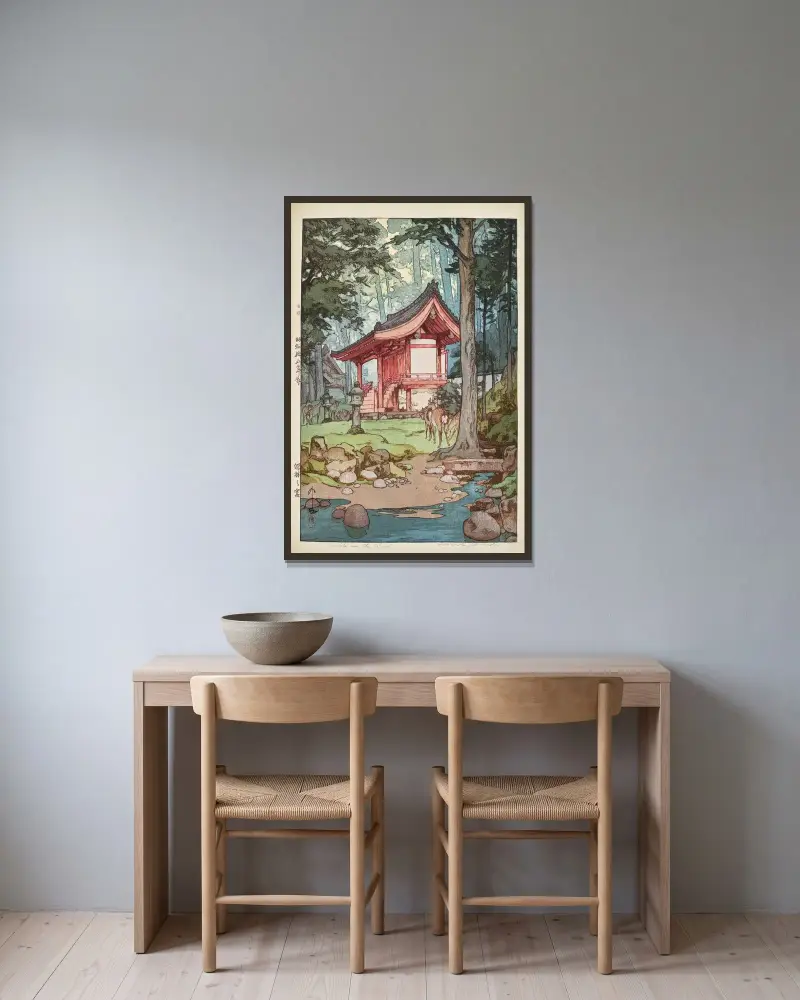 Shinrin no miya (Ein Schrein im tiefen Wald) von Yoshida Hiroshi gerahmt an einer Wand