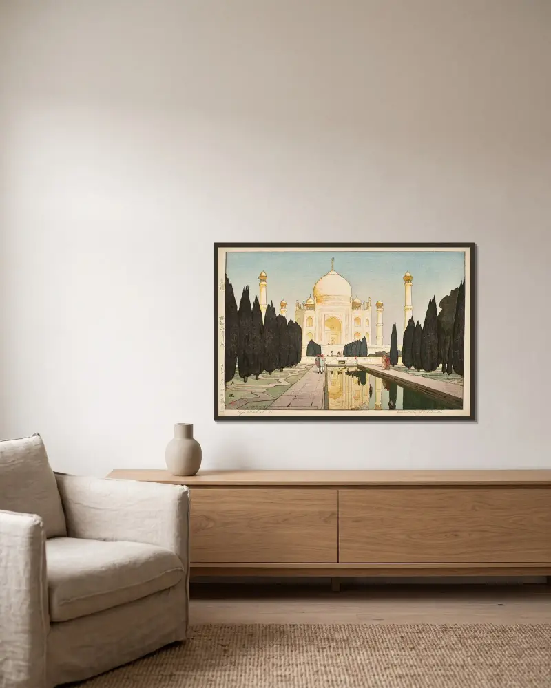 Taji Maharu no niwa, daiichi (Taj Mahal, no.1) av Yoshida Hiroshi inramad på en vägg