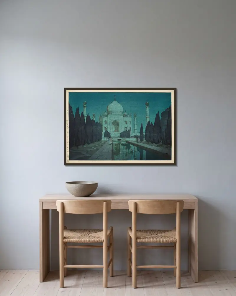 Taji Maharu no niwa, yoru, daini (Taj Mahal, night, no.2) av Yoshida Hiroshi inramad på en vägg