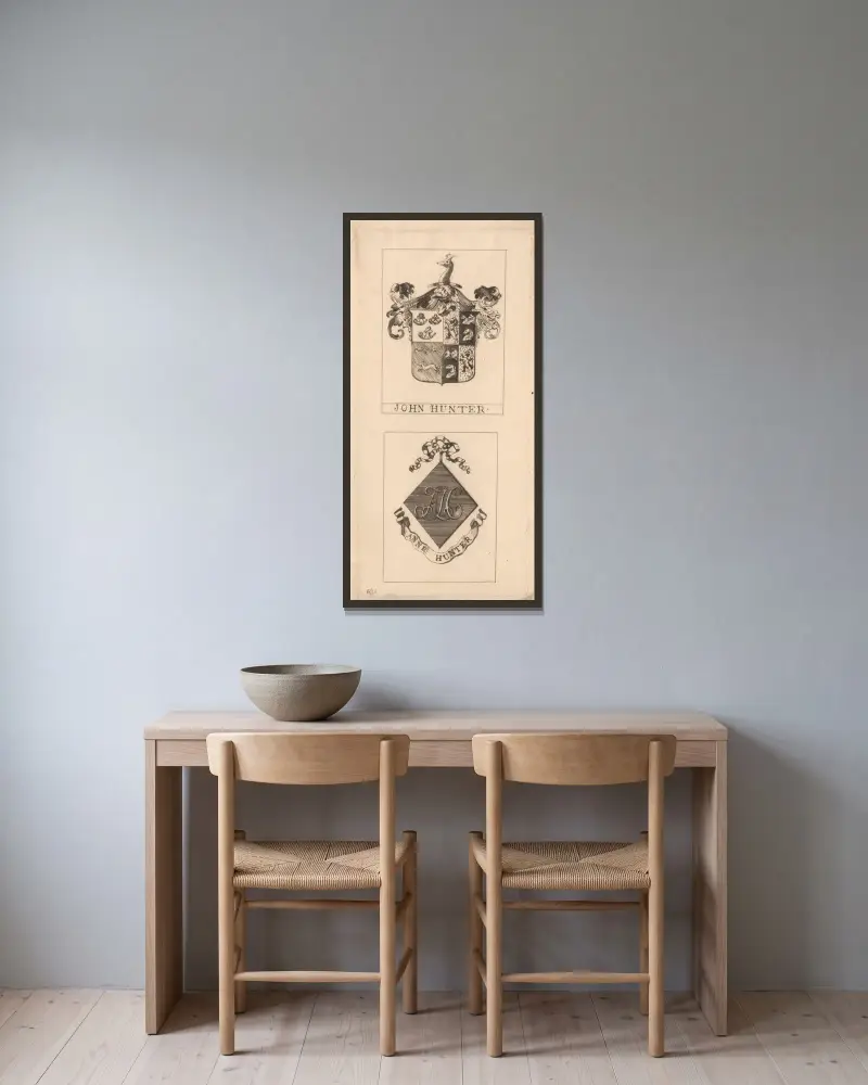 John Hunter’s Book Plate with Armorial Bearings and Mrs. Hunter’s Book Plate with her Monogram av David Young Cameron inramad på en vägg