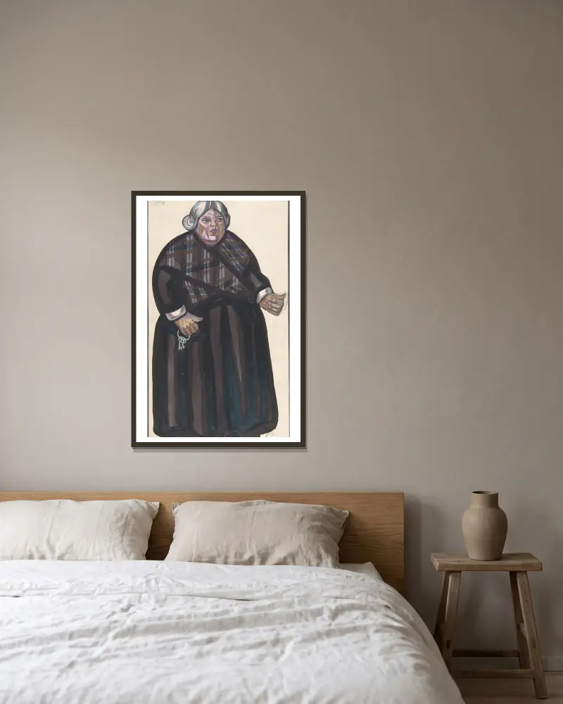 Old Woman holding keys av Sergey Yurievich Sudeikin inramad på en vägg