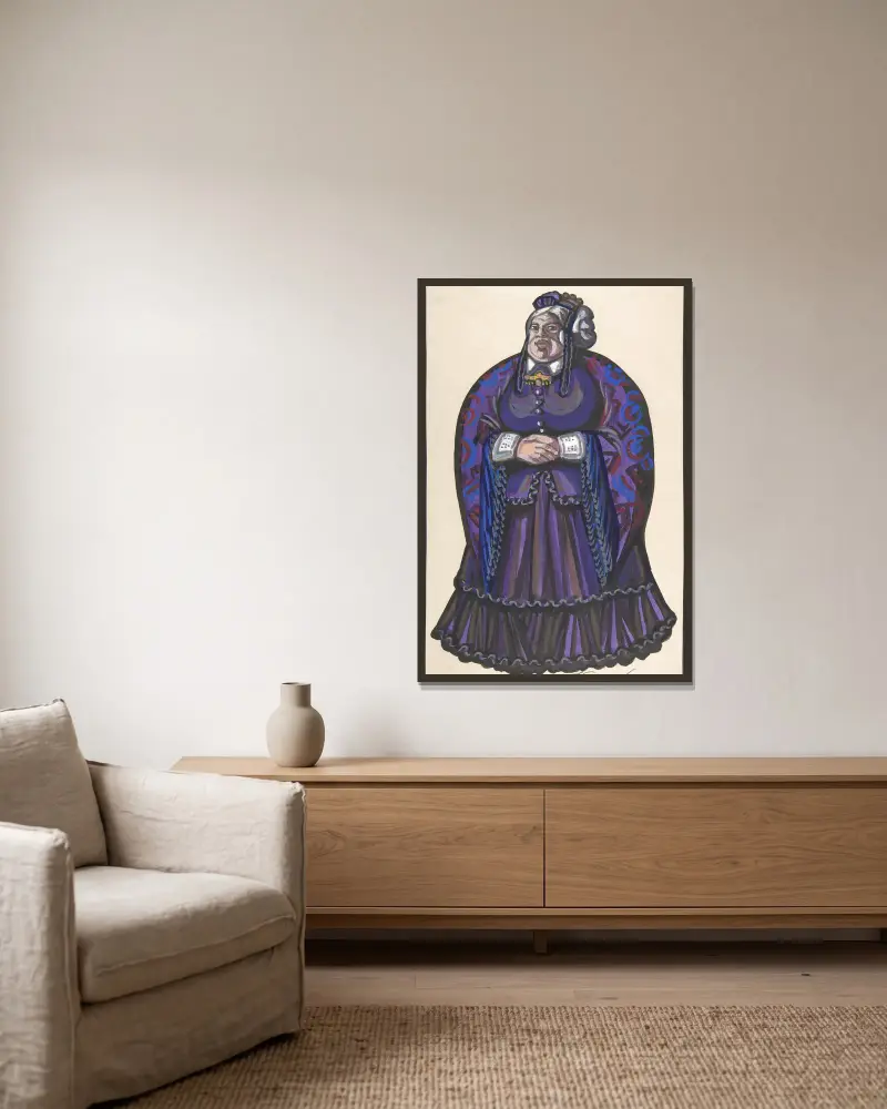 Old Woman in a purple dress av Sergey Yurievich Sudeikin inramad på en vägg