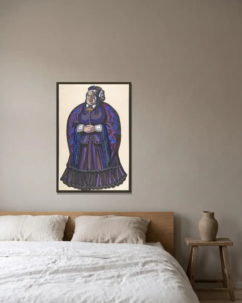 Old Woman in a purple dress av Sergey Yurievich Sudeikin inramad på en vägg