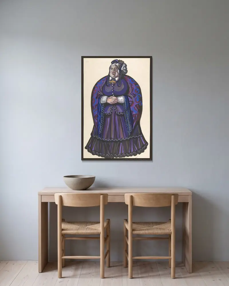 Old Woman in a purple dress av Sergey Yurievich Sudeikin inramad på en vägg