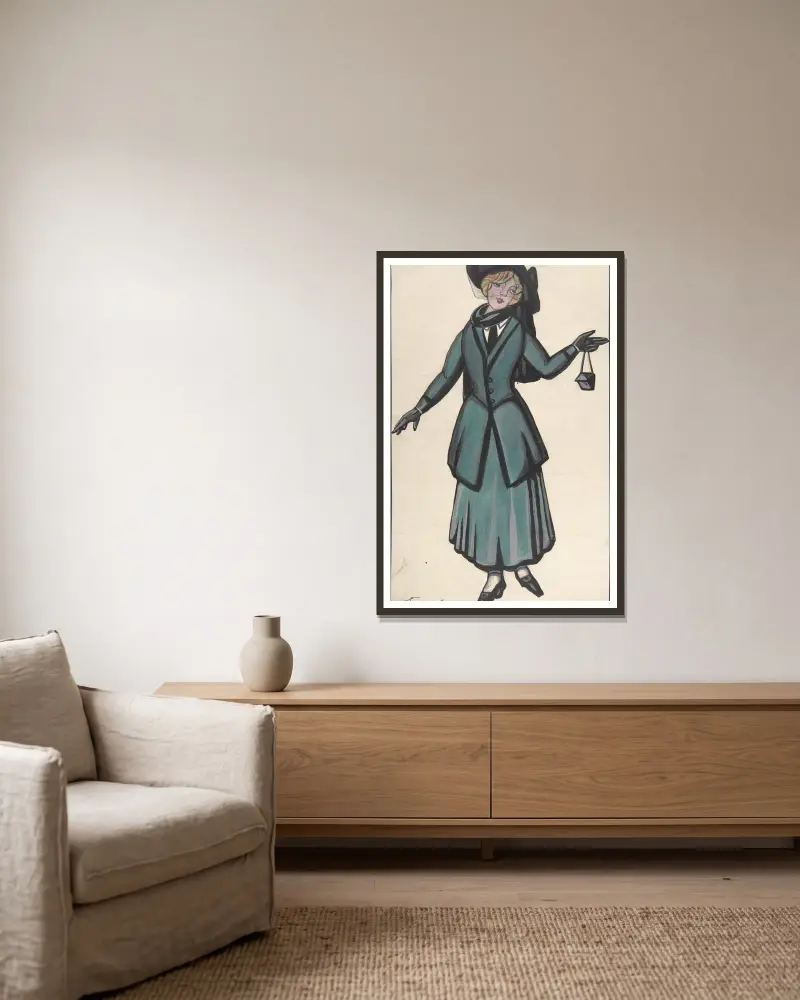 Woman wearing a blue-green suit av Sergey Yurievich Sudeikin inramad på en vägg
