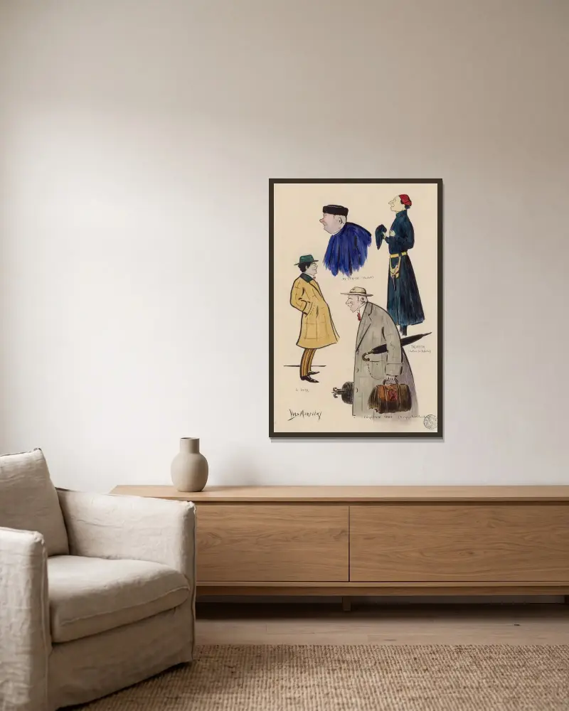 Zeichnung von Schauspielern von Yves Marevéry gerahmt an einer Wand