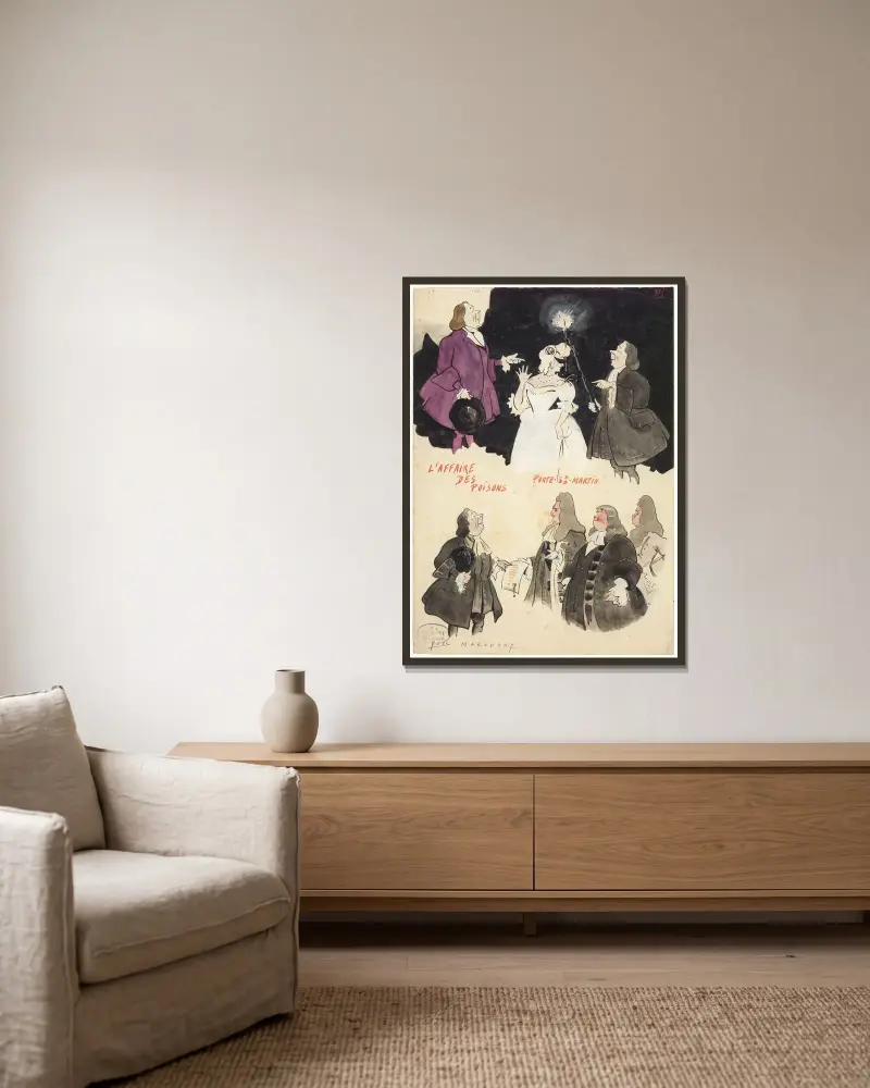 Die Giftmordaffäre, historisches Drama von Victorien Sardou von Yves Marevéry gerahmt an einer Wand
