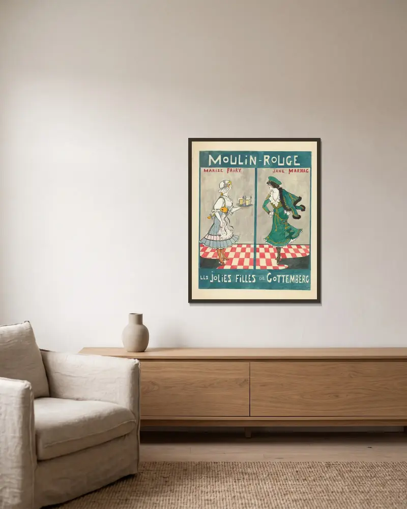 Marise Fairy und Jane Marnac in ‚Die hübschen Mädchen von Gottenberg‘ von Georges Grossmith und Berman von Yves Marevéry gerahmt an einer Wand