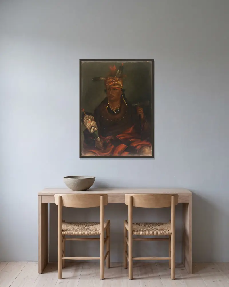 Chetan-woa-kutoa-mang (The Hawk Who Hunts Walking) av Antonio Zeno Shindler inramad på en vägg