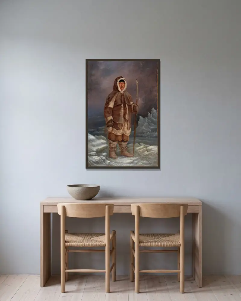 Eskimo Man av Antonio Zeno Shindler inramad på en vägg