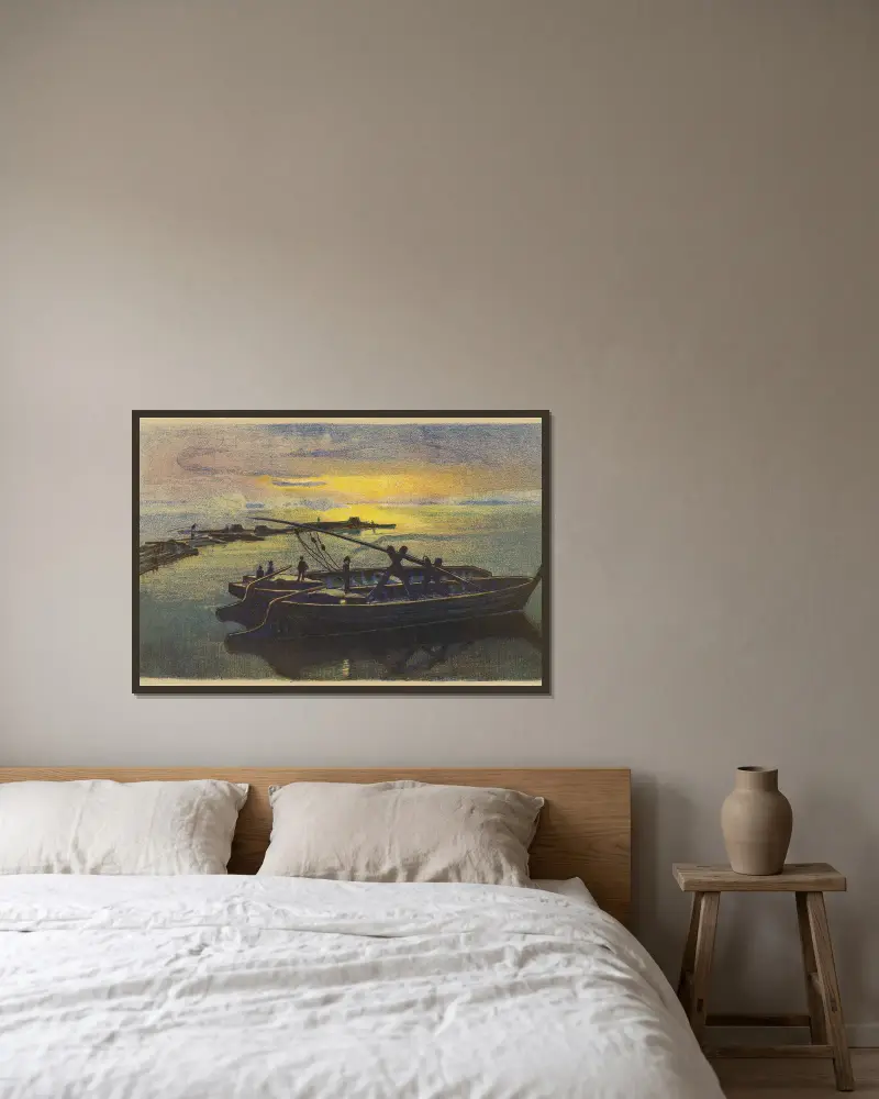 Barges on the Vistula av Zofia Stankiewicz inramad på en vägg