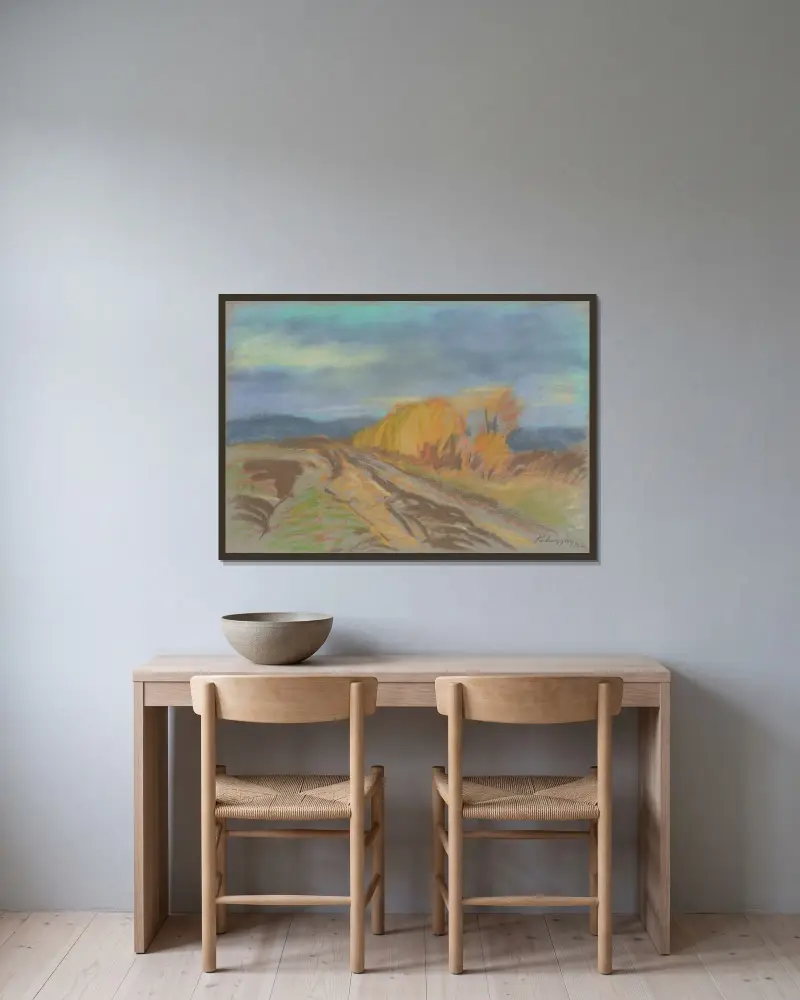 Höstmotiv av Zolo Palugyay inramad på en vägg