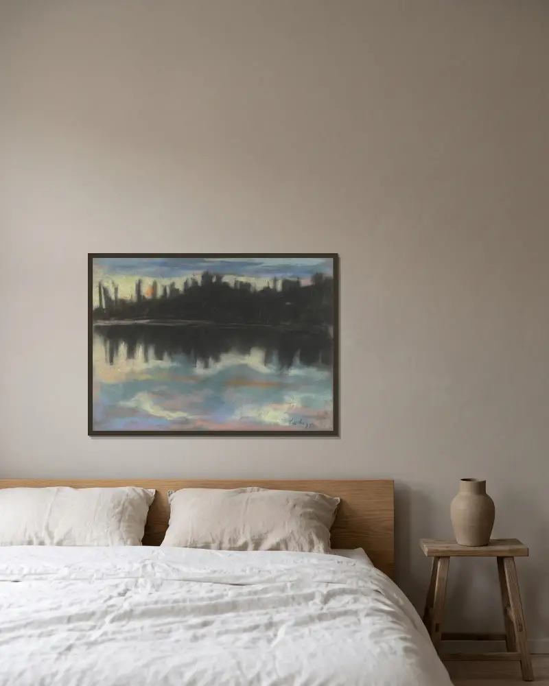Mörk flodstrand av Zolo Palugyay inramad på en vägg