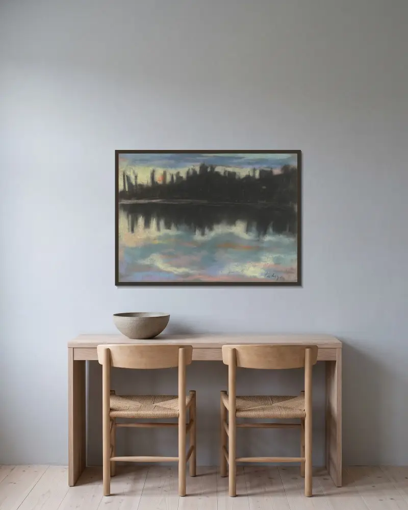 Mörk flodstrand av Zolo Palugyay inramad på en vägg