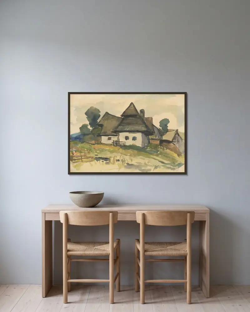 Dedinský motív av Zolo Palugyay inramad på en vägg