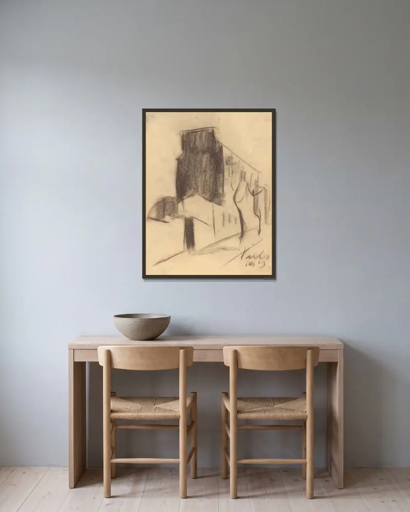 Teckning av ett hus i Paris av Zolo Palugyay inramad på en vägg