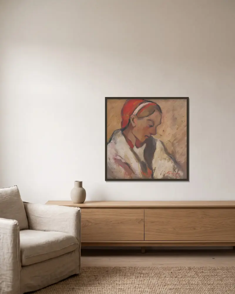 Girl in a Red Bonnet av Zolo Palugyay inramad på en vägg