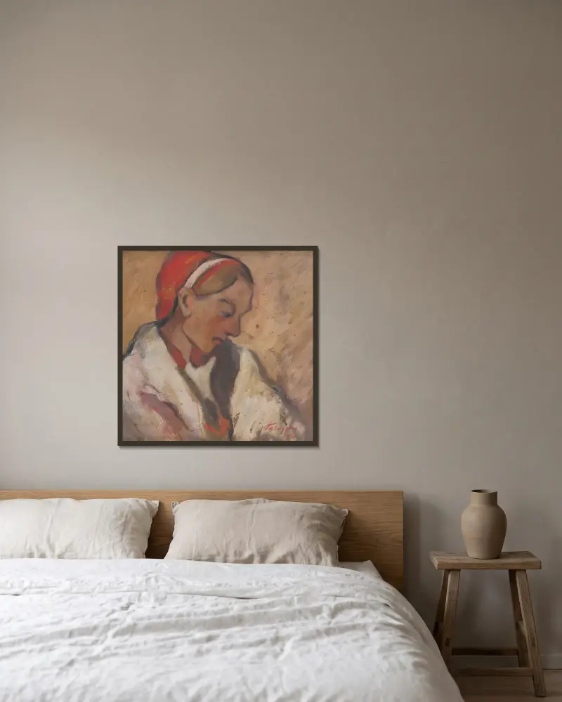 Girl in a Red Bonnet av Zolo Palugyay inramad på en vägg