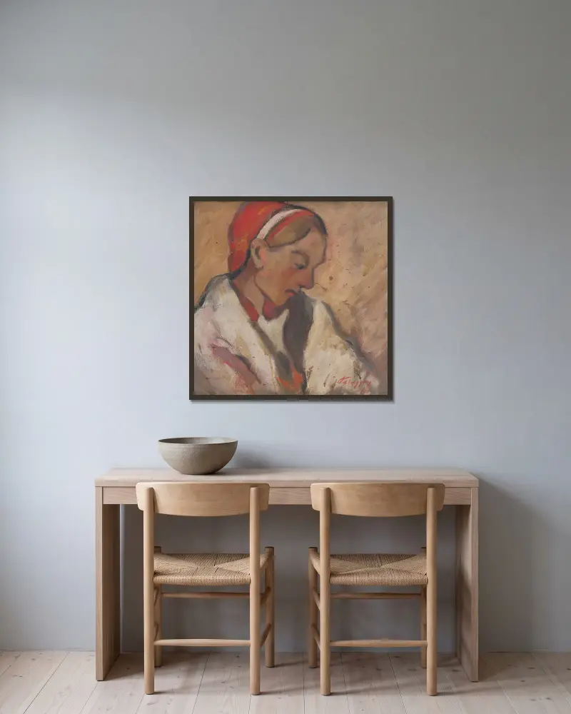 Girl in a Red Bonnet av Zolo Palugyay inramad på en vägg