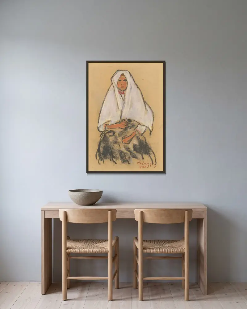 Flicka med vit sjal av Zolo Palugyay inramad på en vägg