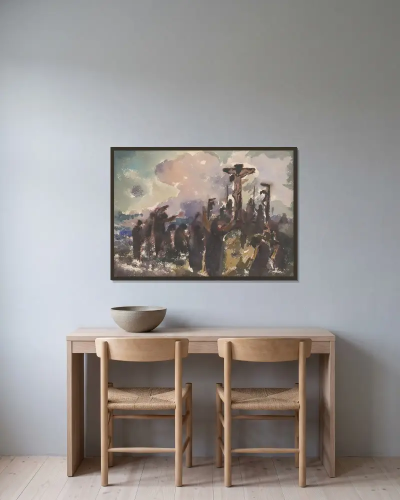 Golgota av Zolo Palugyay inramad på en vägg