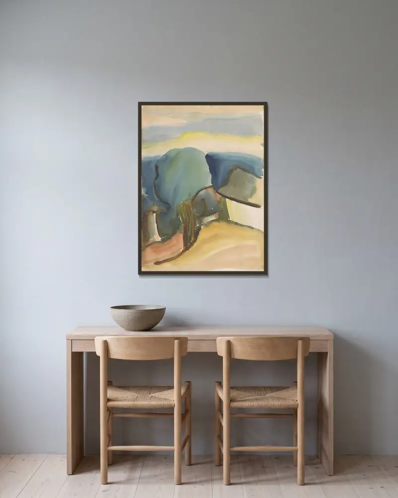 Hillside av Zolo Palugyay inramad på en vägg