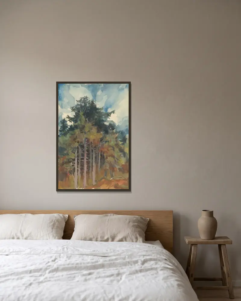 I skogen på hösten av Zolo Palugyay inramad på en vägg
