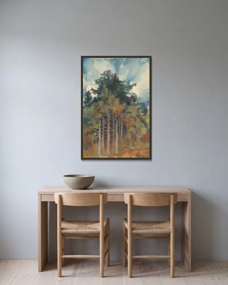 I skogen på hösten av Zolo Palugyay inramad på en vägg