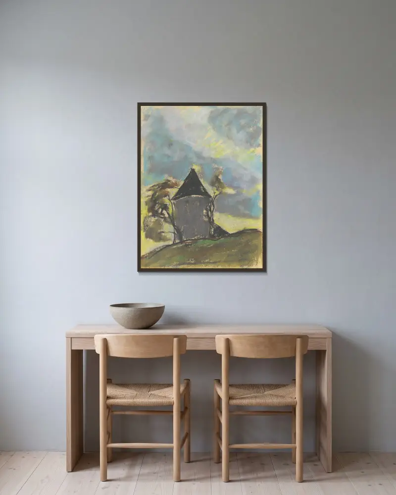 Landschaft mit Turm von Zolo Palugyay gerahmt an einer Wand