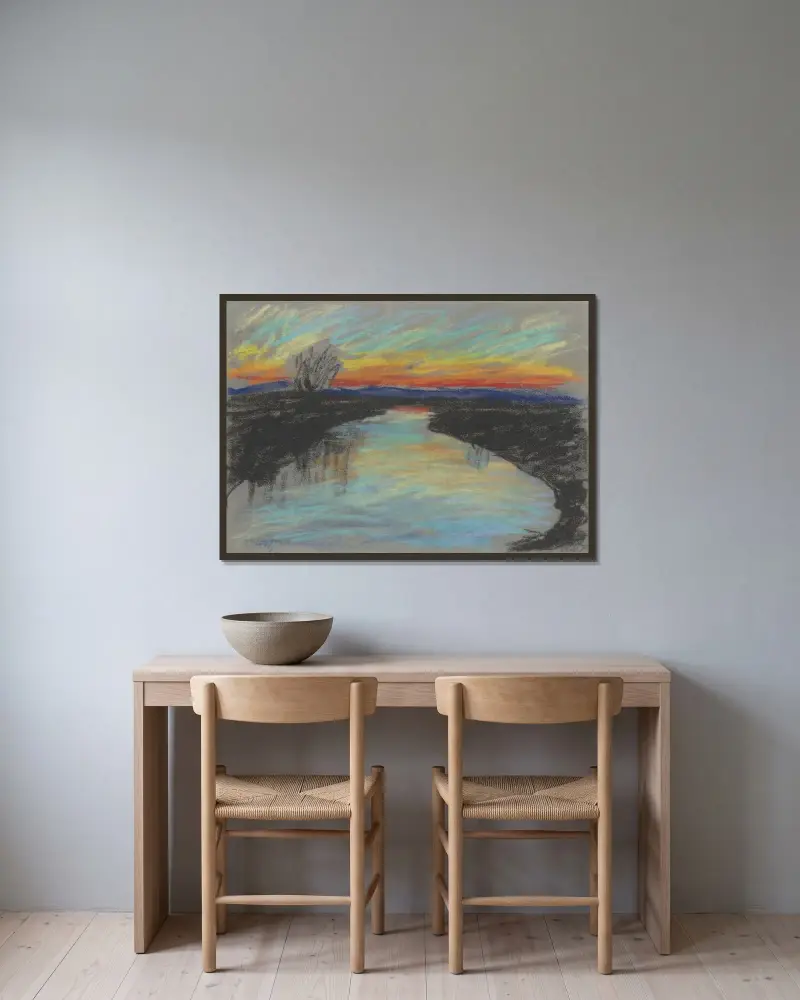 Röd gryning över en flod av Zolo Palugyay inramad på en vägg