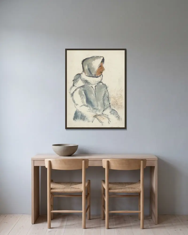 Seated Girl in a White Scarf in Profile av Zolo Palugyay inramad på en vägg